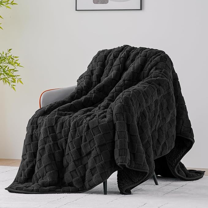 Uttermara Blankets for Adults Full Size, 12lbs 60x80 inches Blanket with Soft Warm Plush Jacquard Sherpa, Washable Thick Throw, Black