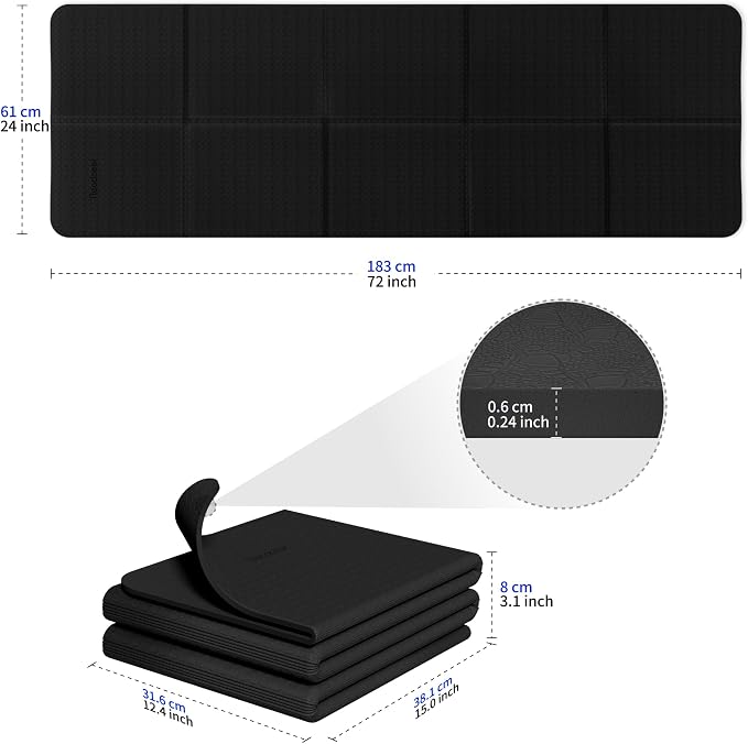 Readaeer Foldable Yoga Mat for Travel Folding Yoga Mat 6mm Thick with Carrying Bag, Non-Slip TPE Exercise Pilates Mat for 72" L x 24" W x 0.24 Inch