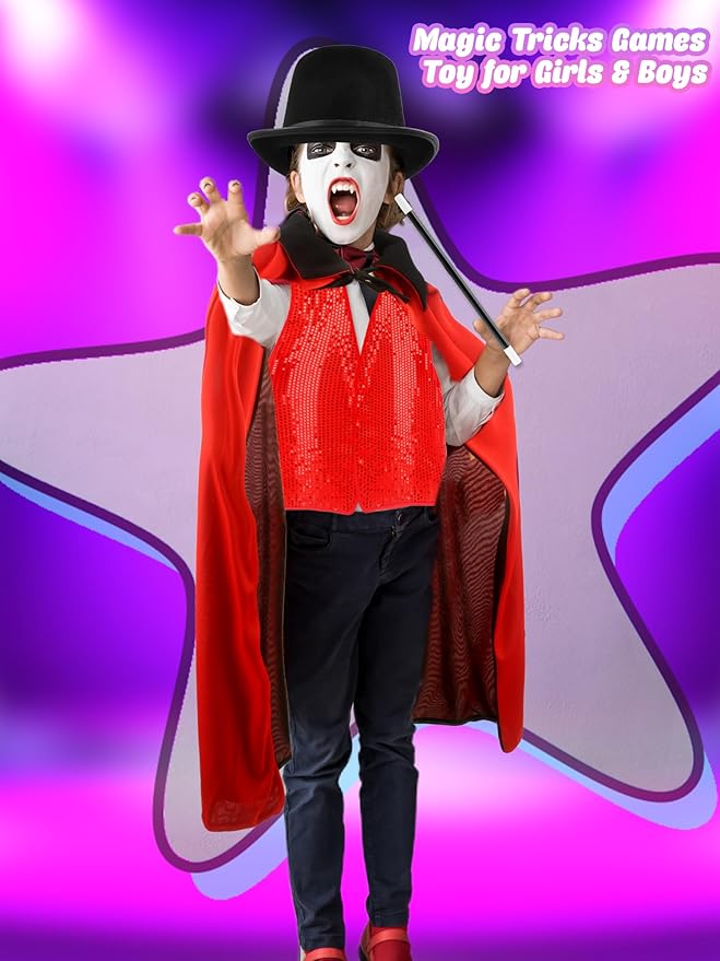 5 Pcs Kids Magic Costume Set Include Magician Hat Cape Vest Wand Gloves Magic Dress Up Outfit for Halloween Pretend Play