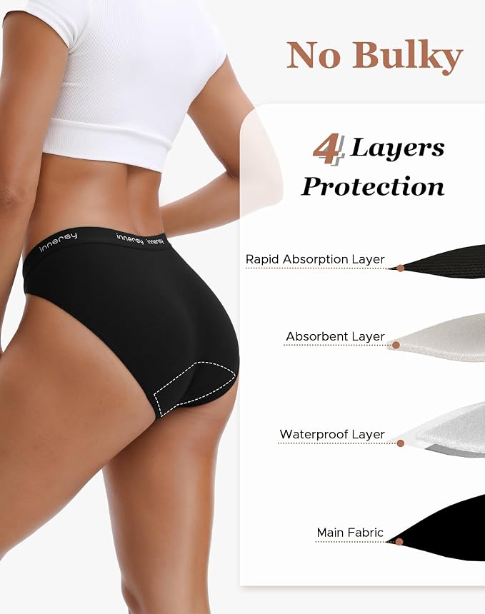 INNERSY Period Underwear Bikini Cotton Leak-Proof Moderate Flow 3-Pack | High-Cut Panties, 20ml Absorbency for Menstrual and Postpartum Protection