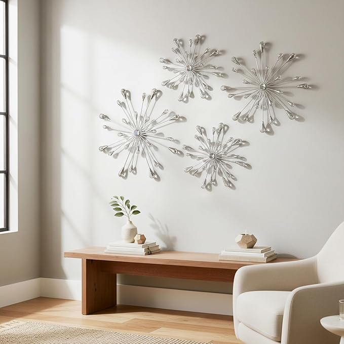 ZEXUIRU 4 Set Silver Starburst Wall Art for Home Decor Metal Bling Crystal Rhinestones Sunburst Wall Decor Sparkling Rhinestone Art Accent -Silver 13in/11.8in/9.8in/9.8in