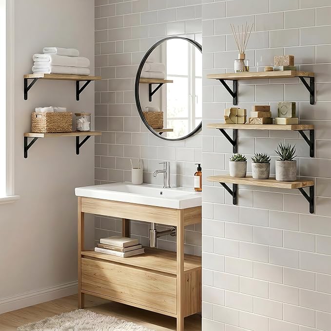 Fixwal Floating Shelves for Wall, Wood Wall Mounted Shelves for Bedroom, Bathroom, Living Room, Kitchen Storage and Decor(Rustic Brown, Set of 5, 16.5 Inch)