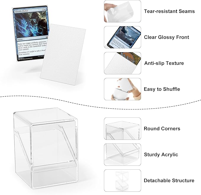 YSCare Card Deck Case, Clear Deck Box with 100 Pack Card Sleeves and Divider, Standard Size Commander Deck Storage Box Perfect Fit for MTG, Sport, Trading Cards (White)