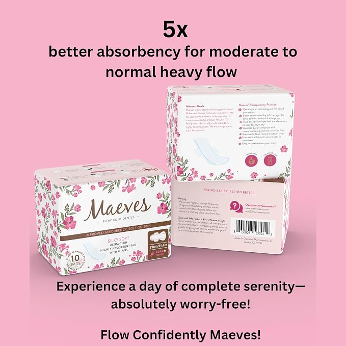 Maeves Pads Ultra Thin, Unscented Feminine Care, Heavy Absorbency, Long, Large, Super Period Pads, Sanitary Napkins with Wings for Women- 20 Count (2 Packs of 10)