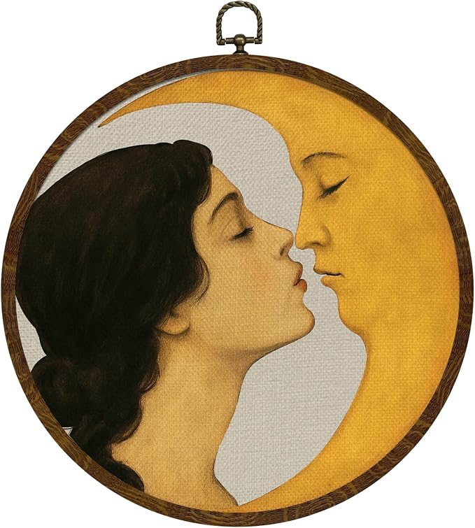 KLYTINK Vintage Celestial Decor,Romantic Moon and Young Girl Round Wall Art,Retro-Inspired Celestial Canvas Print, Surreal Moon and Woman Hanging Decor for Bedroom, Gallery Wall 10''x10''