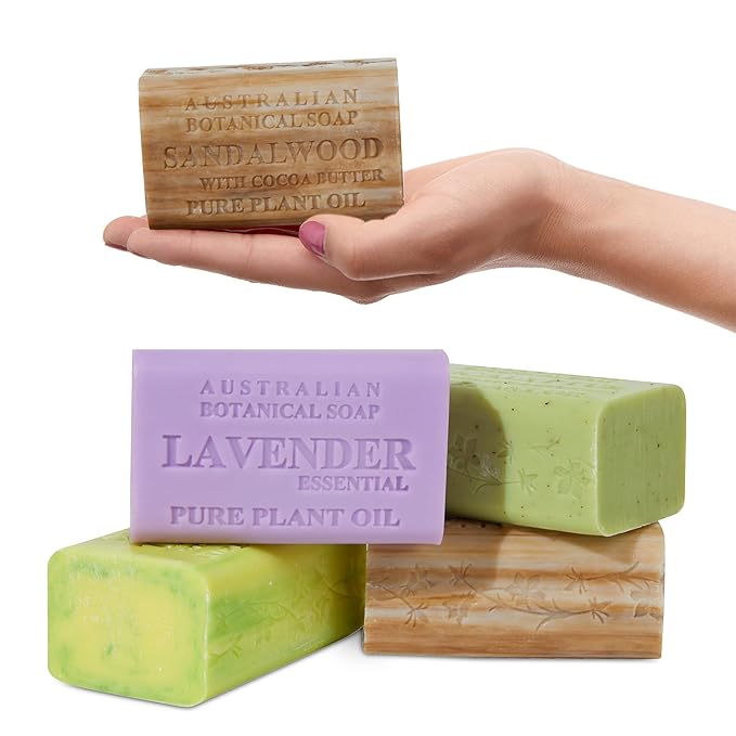 Australian Botanical Soap Essential Medley 4 Bar Variety Pack – Eucalyptus, Sandalwood, Lavender & Tea Tree, Triple Milled 6.6 oz Bars with Shea Butter