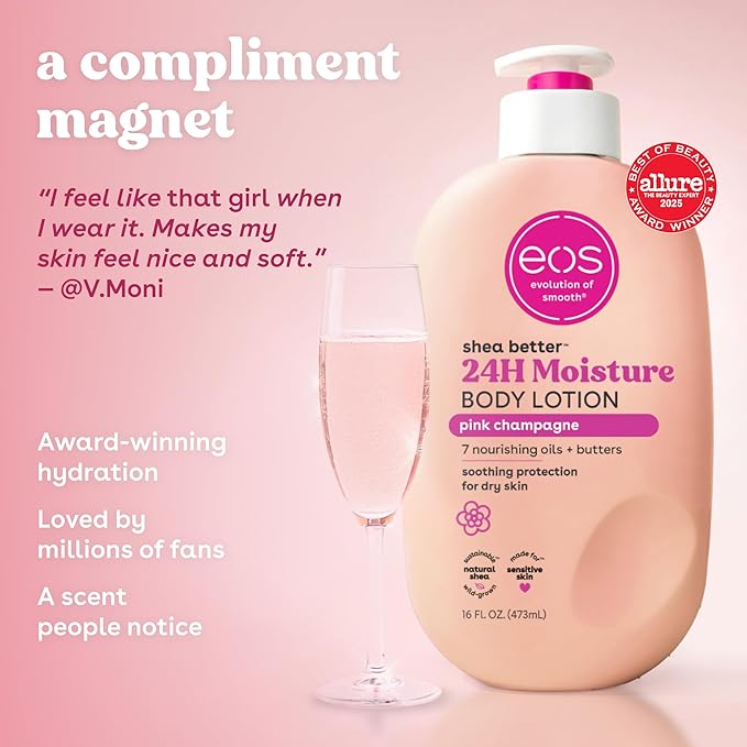 eos Shea Better Body Lotion Pink Champagne, 24-Hour Moisture Skin Care, Lightweight & Non-Greasy, Natural Shea, Vegan, 16 fl oz