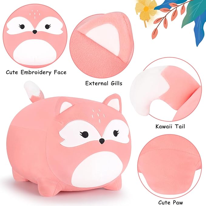 Auspicious beginning Fox Plush Stuffed Animal-16'' Pink Pillow, Cute Plushies, Toy Kawaii Animal Plushie Hugging Pillow Christmas Birthday Gifts for Kids Girls Boys Girlfriend