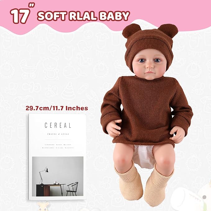 BABESIDE 17 Inch Reborn Baby Dolls, Lifelike Newborn Doll with Soft Cloth Body, Handmade Baby Doll with Bear Hat & Toy, Set Includes Bottle, Magnetic Pacifier, Clothes, Gift for Kids Age 3+