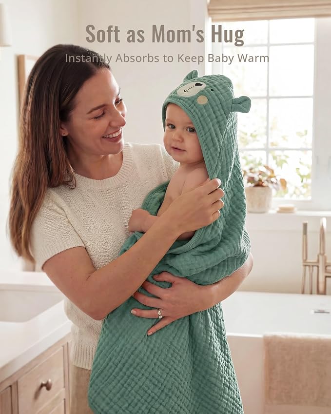 Blissful Diary Muslin Baby Hooded Towel 2 Pack, Soft & Absorbent Bath Towel for Infant, Toddler, Unisex, Baby Gift, Newborn Essentials, Smart Bear & Wise Elephant