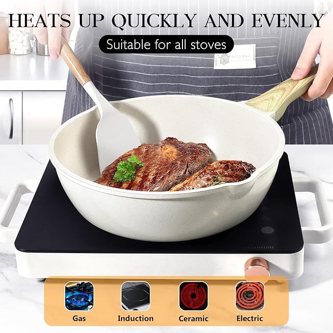 GiPP Nonstick Deep Frying Pan Skillet, 9.5" Saute Pan with Lid, Granite Induction Cookware Non Stick Cooking Pan, PFOA PFOS APEO Free, White