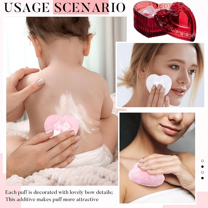 Tioncy 3 Pcs Large Body Powder Puff and Container Valentine's Day gift Powder Container with Puff Crystal Case Soft Washable Reusable Velour Face Body Glitter Wet Dry Makeup (Heart,Crimson)