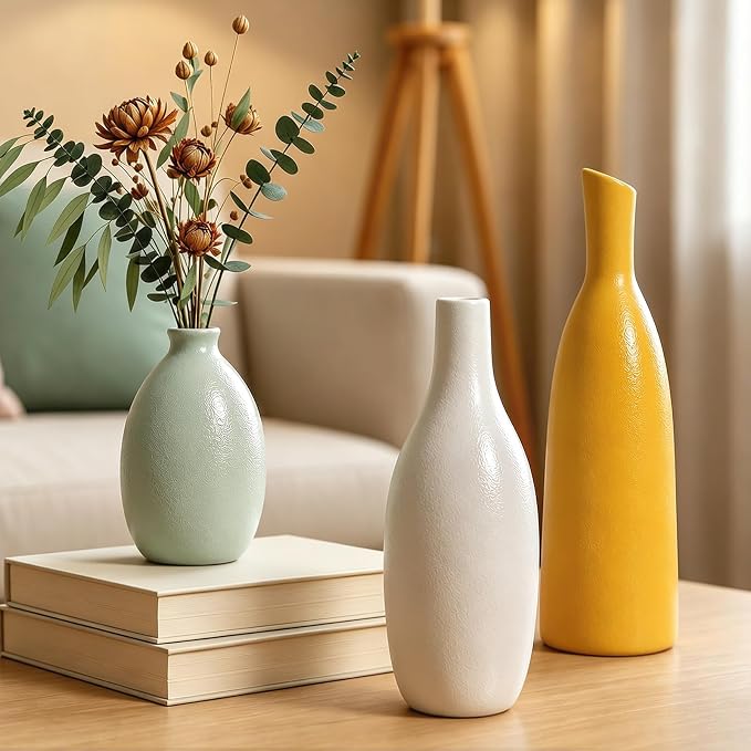 Ceramic Flower Vase Set, Modern Farmhouse Decorative Vases for Dining Room,Bookshelf Office Entryway(Multicolored Mix Set 3)