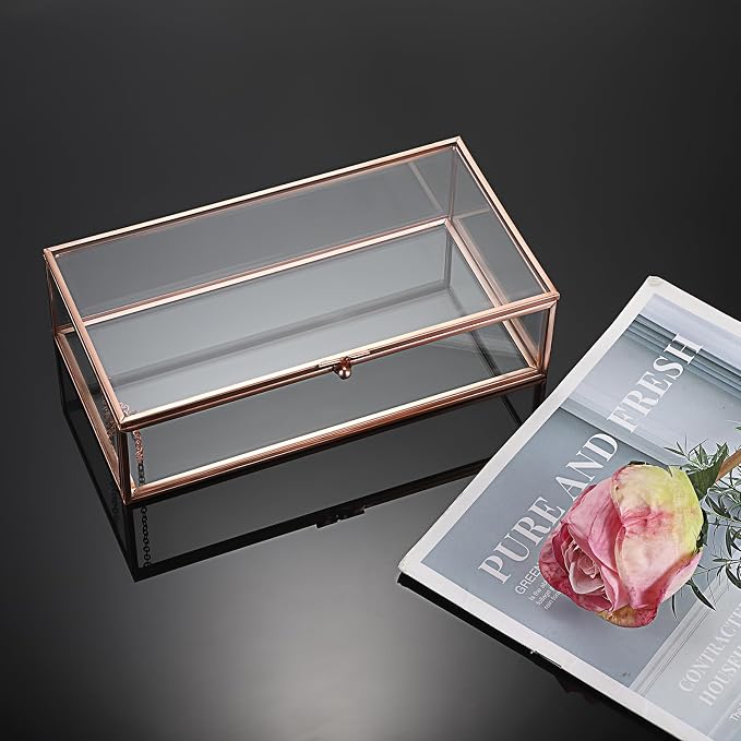Hipiwe Glass Keepsakes Display Box Jewelry Organizer Box with Lid Decorative Glass Box Clear Rectangle Storage Box for Trinket Perfume Collection Gift for Birthday Anniversaries,Rose Gold Large