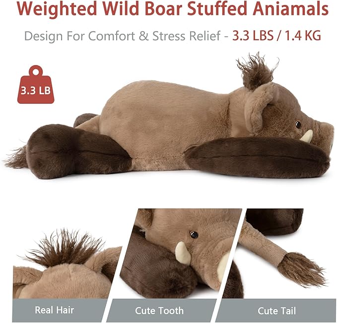 Niuniu Daddy 20" | 3.3 Pound Wild Boar Weighted Pig Stuffed Animals for Kids Adults, Large Wild Boar Weighted Body Pillow for Sleeping, Fluffy Pig Plush Toy for Birthday Christmas Holiday Presents