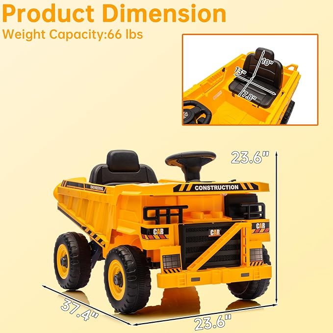 POSTACK 12 Volt Kids Ride on Toy, Ride on Construction Vehicle with 2 Powerful Motors, 1 Seater Kids Electric Car with Remote Control and Shovel,Bluetooth, Music,3 Speeds, Yellow