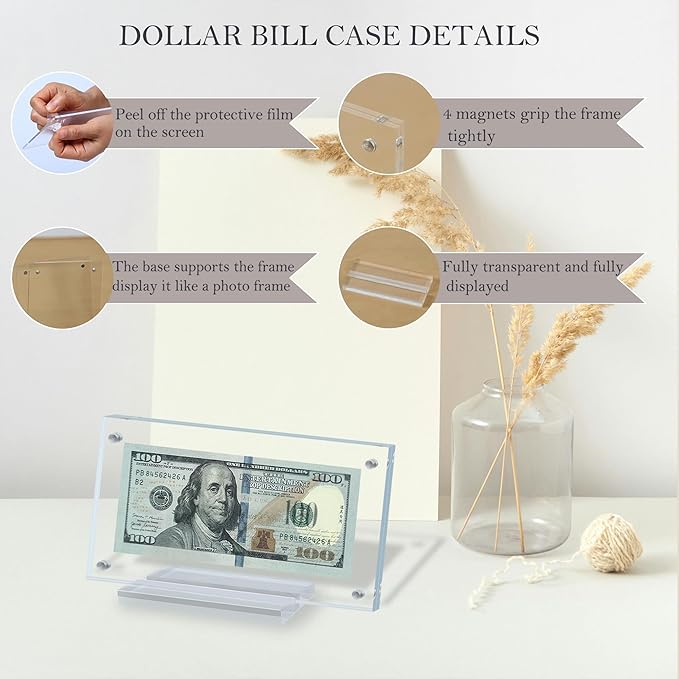 Dollar Bill Frame Display Acrylic Dollar Bill Holder for Collectors Currency Frame Display Case Double-Sided Transparent Ticket Banknotes Stamp Photo Protector (Transparent-1)