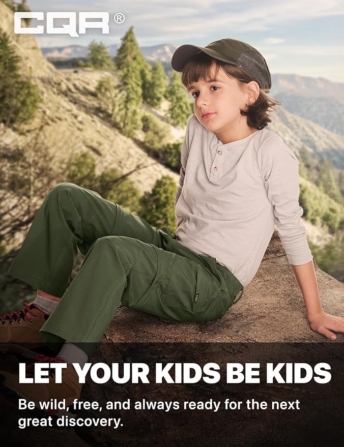 CQR Kids Youth Hiking Cargo Pants, UPF 50+ Quick Dry Convertible Zip Off Pants, Outdoor Camping Pants