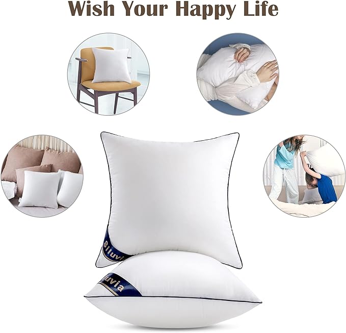 Siluvia 18"x18" Pillow Inserts Set of 2 Decorative Square Throw 18" Pillows with 100% Cotton Cover for Sofa, Couch, and Bed - White | 100% Premium Polyester Fill, Fluffy & Soft with Comfy Support - White Decorative Cushion Inserts for Couch, Sofa & Bed