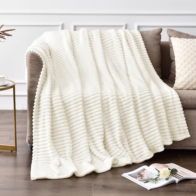 BEDELITE Ribbed Jacquard Cream Fleece Throw Blanket for Couch, 50x60 Inch | Soft Warm Decorative Fluffy Blanket, Cozy Plush Lightweight Fuzzy Throw Blanket for Bed Sofa Home Room Decor, Gift for Women