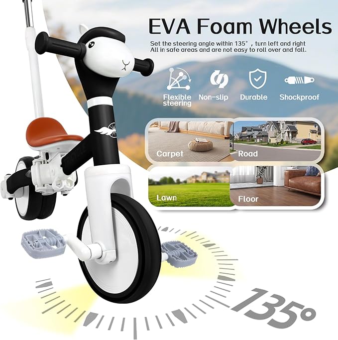 5-in-1 Toddler Tricycle with Lights & Music, Adjustable Push Kids Bike for 1-5 Year Olds, Toddler Balance Bike & Tricycle for Boys & Girls, Birthday Gift for 1 2 3 4 5 Year Old Kids (Black)
