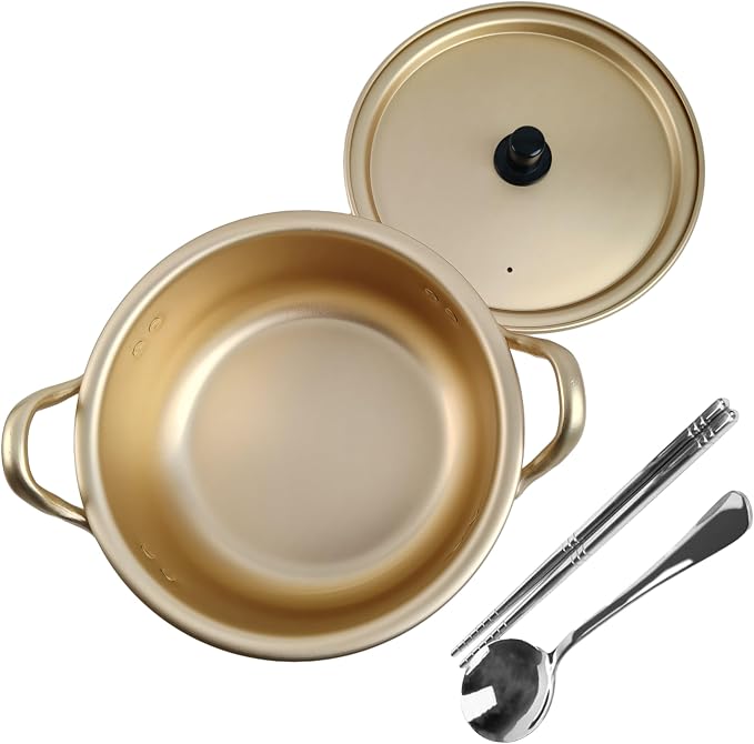 Korean Ramen Pot, Double Handle Soup Stockpot with Lid & Even Heat Design | Stovetop compatible single serving pot、Sealed lid for soup & ramen cooking、Portable kitchenware for dorm & household users