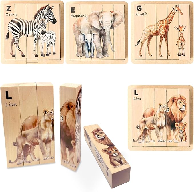 Wooden Puzzles for Toddlers, Montessori Toys, 4 in 1 Wooden Animal Puzzle Toy, Wood Block Puzzle with Durable Base, Preschool Learning Educational Toys for Kids & Toddlers