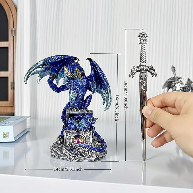 Dragon Statue Holding Silver Draconian Sword Letter Opener Figurine Dragon Sculpture Medieval Fantasy Home Office Decor 7.68 Inches (Blue)
