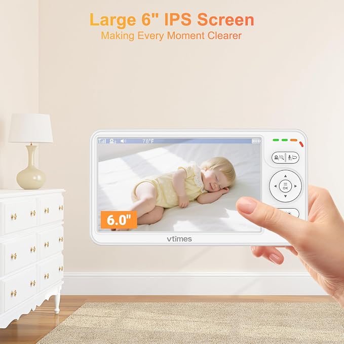 VTimes Baby Monitor with Camera and Audio, 6'' IPS Screen with 30-Hour Battery, Baby Monitor No WiFi Night Vision, ECO, 2-Way Audio, Pan-Tilt-Zoom, Baby Camera Monitor with 1000ft Range, Ideal Gift