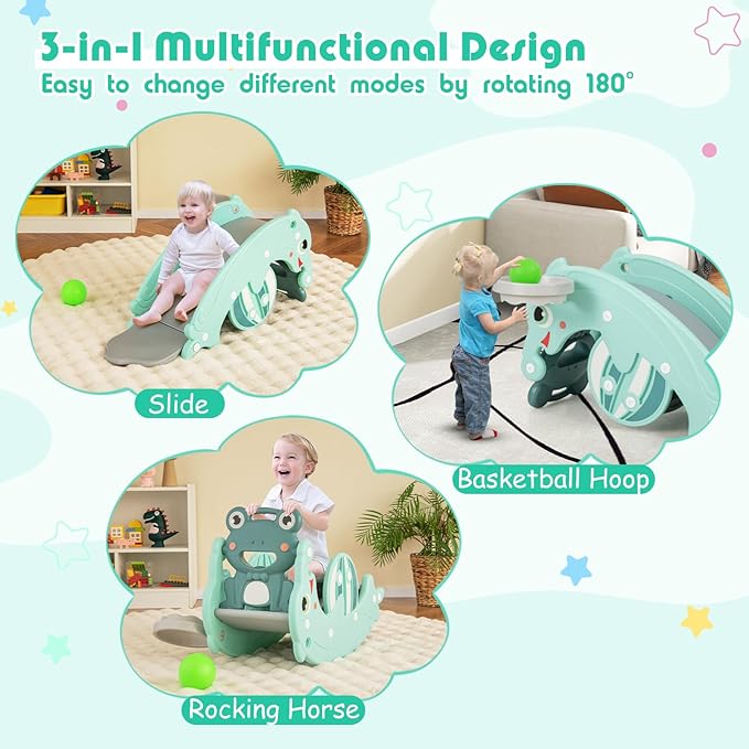 HONEY JOY Toddler Slide Rocking Toy, 4 in 1 Convertible Freestanding Slide for Kids w/Basketball Hoop, Rocking Horse, Foldable Baby Climber Playground Slide for Indoors Outdoors Boys Girls, Green