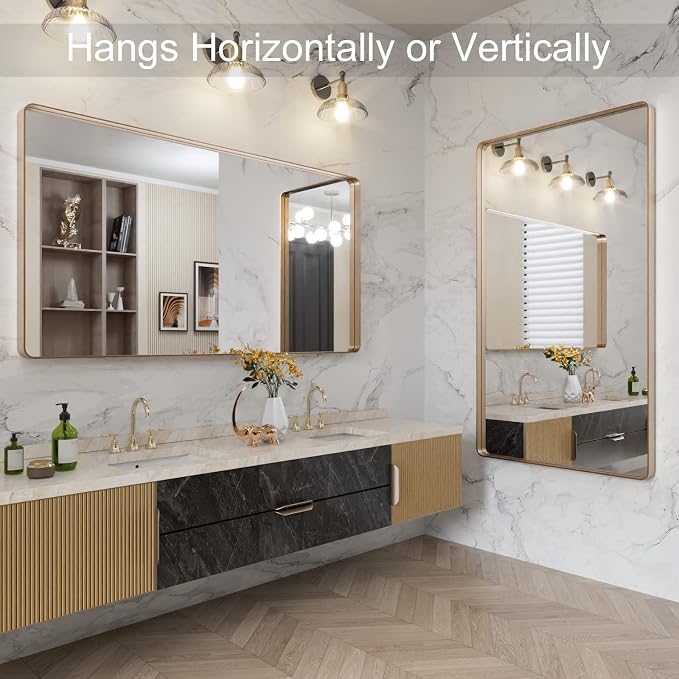 LOAAO 50"X30" Gold Bathroom Mirror | Rounded Rectangle, Brushed Gold Frame, Wall-Mounted, Anti-Rust, Tempered Glass, Hangs Horizontally or Vertically