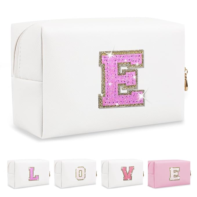 Small Initial Patch Makeup Bag Personalized Gifts Make Up Bag,White Cute PU Leather Glitter Letter Cosmetic Bag with Zipper,Trendy Portable Travel Toiletry Pouch,Preppy Stuff for Teen Girls Women E