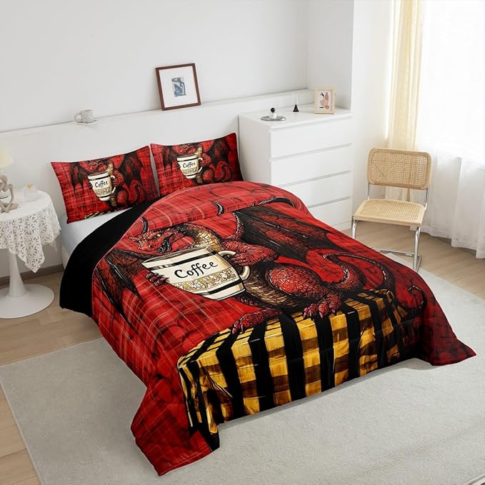 Feelyou Dragon Comforter Set Twin Size Dragon Stuff Comforter for Boys Girls Teens Wild Life Bedding Set Coffee Duvet Set Room Decor Red Quilt Set
