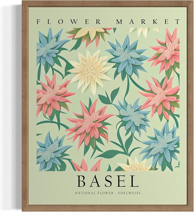 Switzerland Flower Market Art Print Poster, Wall Art Floral Painting Botanical Decor for Bedroom, Kitchen, Bathroom Livingroom Decoration 82B (Switzerland, 20"L x 16"W, Wood Frame)