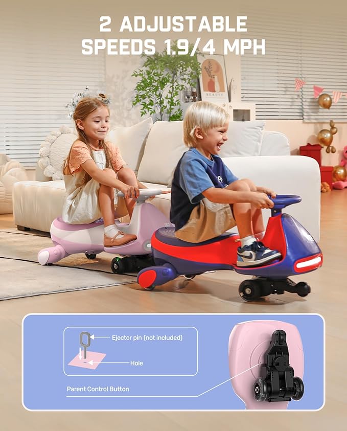 FanttikRide N7 Pro Electric Wiggle Car, Rechargeable Battery, CyberWiggle, 2 in 1 Swing Car, 2 Speeds Max 4 Mph, Anti-Rollover, Flashing Wheels, Bluetooth, for Ages 3 and Up, 150 Lbs,Pinkish White