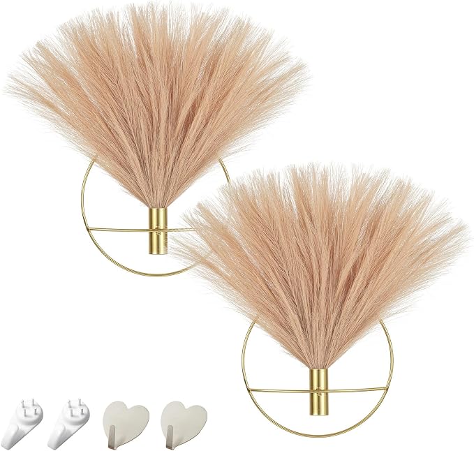 Pretty Jolly Boho Pampas Wall Decor Gold Metal Wall-Mounted Art | Morden Artificial Greenery Display，2 Pack Hanging Planter For Living Room, Bedroom, Bathroom, Dining room