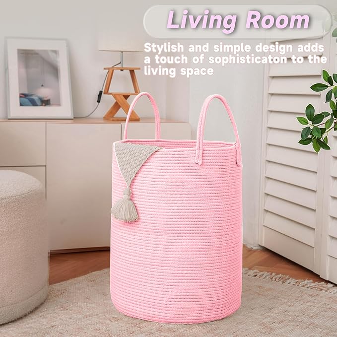 JMvicyroam 80L Cotton Rope Laundry Basket Hamper, Pink | Collapsible laundry basket, reinforced handles, freestanding, machine washable, holds 3-5 thick blankets, clothes or toys