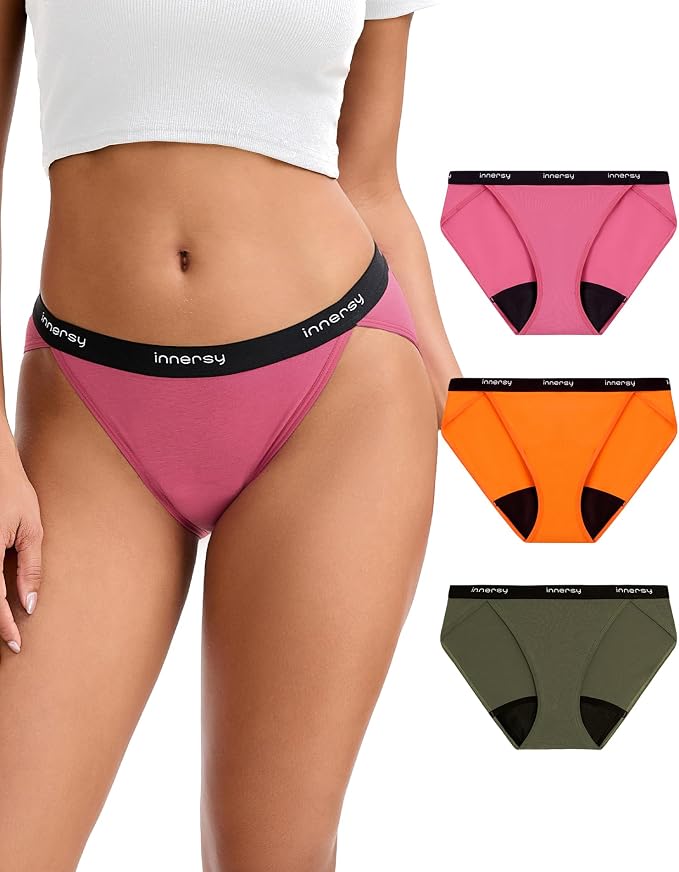 INNERSY Period Underwear Bikini Cotton Leak-Proof Moderate Flow 3-Pack | High-Cut Panties, 20ml Absorbency for Menstrual and Postpartum Protection