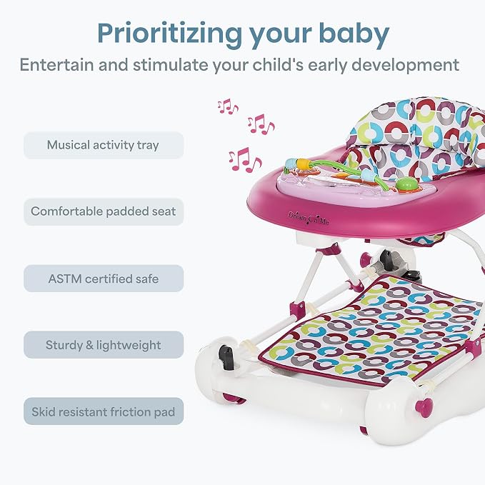 Dream On Me Go-Getter Baby Walker with Rear Push Handle, 2-in-1 Activity Walker and Walk-Behind, 3 Height Adjustments, Easy to Fold, Machine-Washable Seat Pad, Detachable Fun Tray, Pink