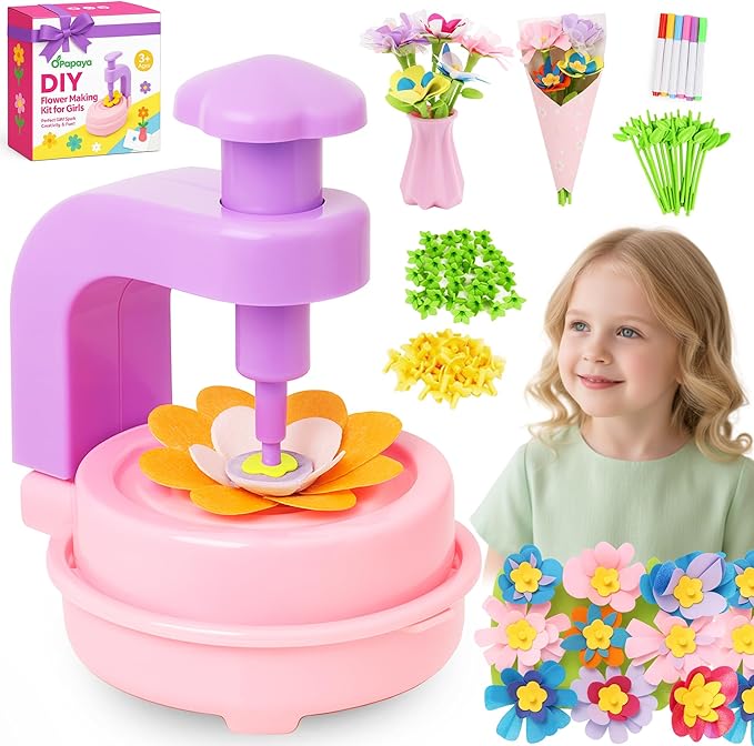 oPapaya Fabric Flower Bouquets Toys for Girls - DIY Kits for Kids w/Markers & Cards - Arts & Crafts for 4 5 6 7 8 Year Toddler Girl - Educational Toys - Art and Craft Kits for Girls