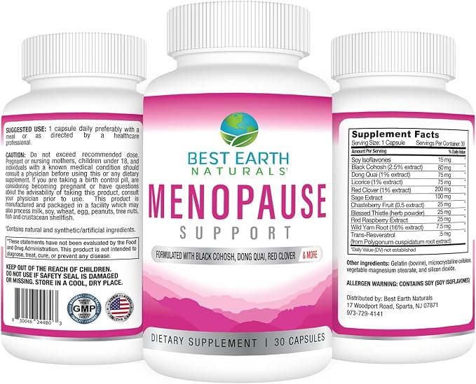 Best Earth Naturals Menopause Support for Hot Flashes, Mood Swings, Night Sweats, Healthy Hormone Levels and More. Made with Black Cohosh, Chasteberry & More