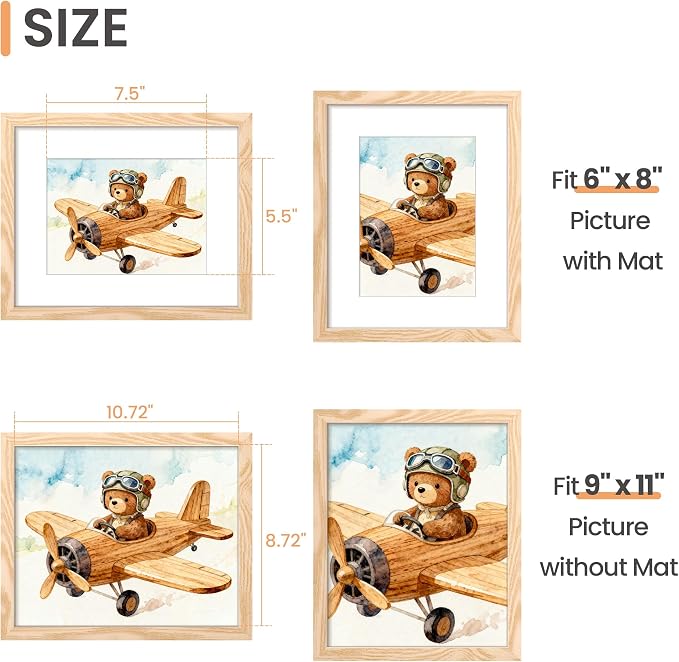 upsimples 9x11 Picture Frame, Display Pictures 6x8 with Mat or 9x11 Without, Wall Hanging Photo Frame, Natural, 1 Pack