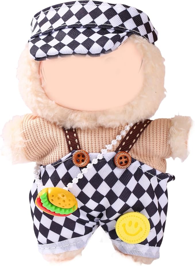 17cm Doll Clothes Set (No Doll) – Outfit with Hat & Overalls, Handmade Accessories for Mini Dolls, OB11-Compatible Dress-Up Gift (Checkered Flag)