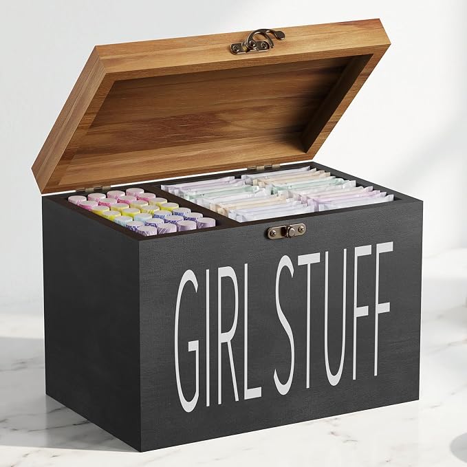 Wood Tampon Holder Box with Lid, Feminine Product Organizer, Girl Stuff Box for Bathroom & Vanity Counter, Tampon Storage, Bathroom Period Products, Toilet Organizer, Ideal Gift for Girl