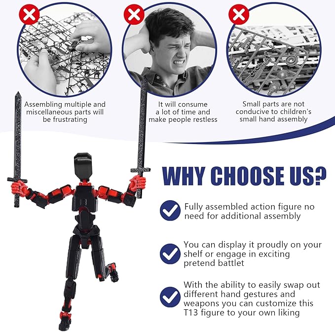 6-Pack T13 Action Figure Set (Assembly Completed), 3D Printed Dummy Action Figure Weapon Gestures Accessories with Stand, Figura de acción t13
