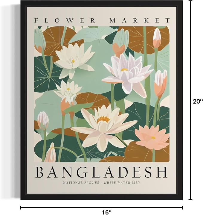 Bangladesh, White Water Lily Art Print Poster, Flower Market Wall Art, Floral Artwork Decor for Bedroom, Kitchen, Bathroom, Livingroom Decoration 52 (Bangladesh, White Water Lily, 20"L x 16"W, Black Frame)