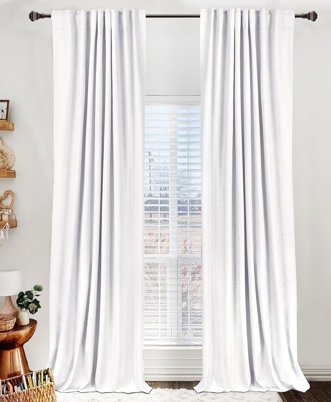 100% Blackout Shield Linen Blackout Curtains for Bedroom 72 Inches Long, Back Tab/Rod Pocket Living Room Drapes, Thermal Insulated Blackout Curtains 2 Panels Set, 50" W x 72" L, Bright White
