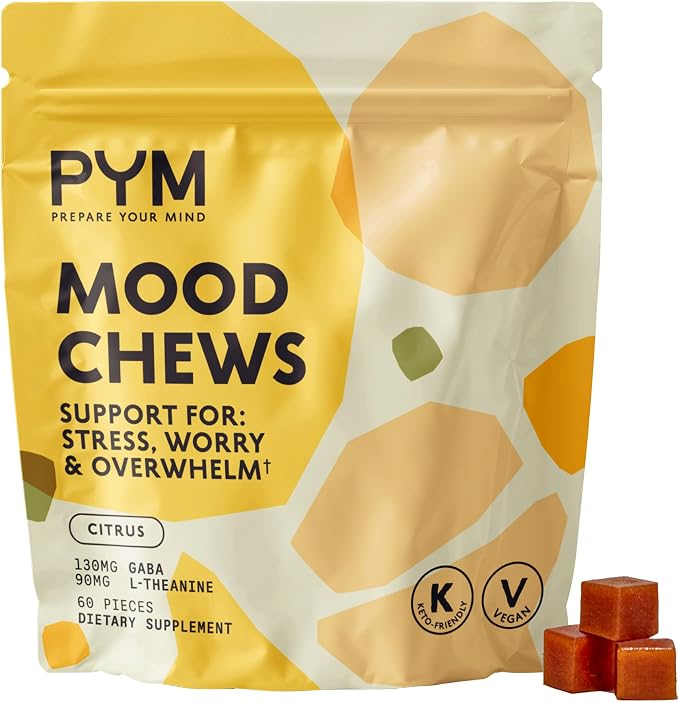 PYM Citrus Mood Chews Support for Stress, Worry & Overwhelm, 60 Count | 130mg GABA, 90mg L-Theanine | Vegan,Non-GMO, Gluten-Free,No Added Sugar | All-Natural Mood Support Supplement in Resealable Bag