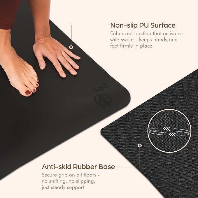 ORW Non Slip Hot Yoga Mat with Carrying Strap - Grip Surface & Natural Rubber Base, REACH Tested, Home & Studio Practice