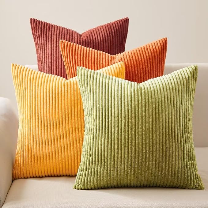 Topfinel Fall 20x20 Set of 4 Couch Decorative Pillow Covers,Modern Burnt Orange Yellow Green Gradient Corduroy Throws Pillow Case,Rustic Western Cushion Covers for Bed Sofa Living Room Home Decor